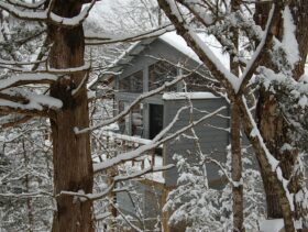The front of a snow covered cabin peeks through white, frosted trees the morning after a snow fall back in 2009.
