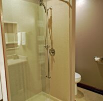 A modern deluxe walk-in shower with glass doors and stainless steel hardware.