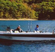 Our fishing guide's boat shown fully rigged out for striper fishing.