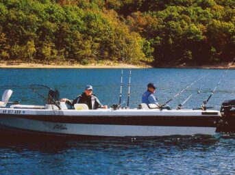 Our fishing guide's boat shown fully rigged out for striper fishing.